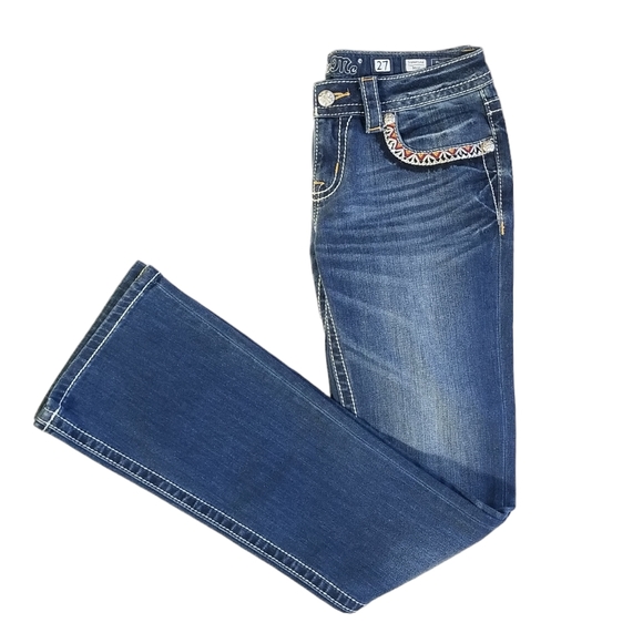 MISS ME Signature Boot Denim Jeans Size 27 Embroidered Rhinestone Bling - Picture 1 of 15